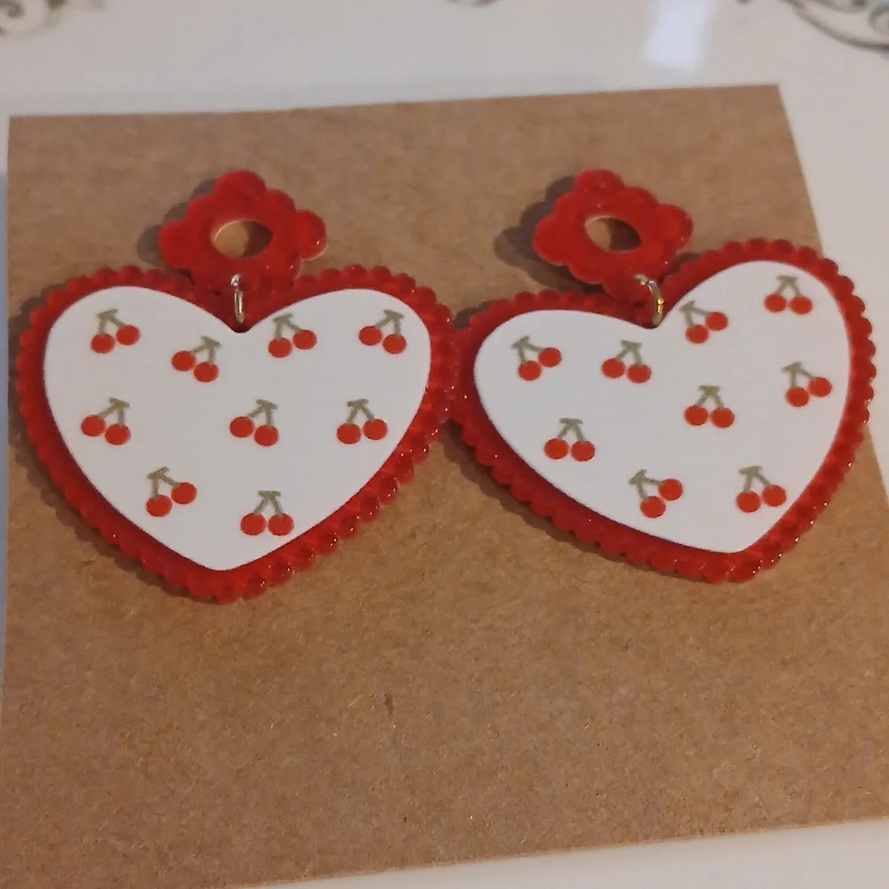 109- Laser Cut Acrylic Dangle Earrings- Red And White Cherry Hearts - Picture 1 of 5